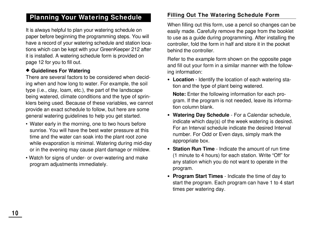 Toro 212 manual Planning Your Watering Schedule, Guidelines For Watering, Filling Out The Watering Schedule Form 