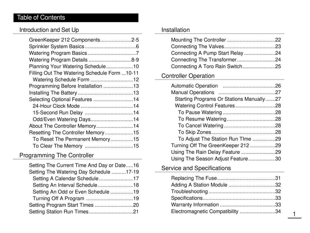 Toro 212 manual Table of Contents 