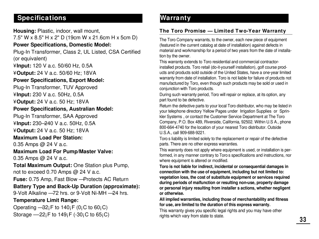 Toro 212 manual Specifications, Warranty 