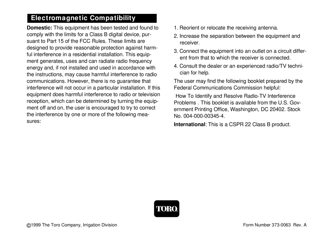 Toro 212 manual Electromagnetic Compatibility 