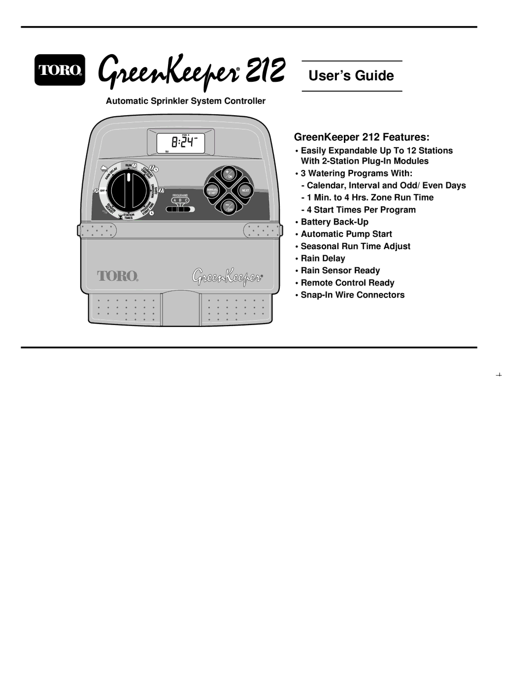 Toro 212 manual User’s Guide, Automatic Sprinkler System Controller 