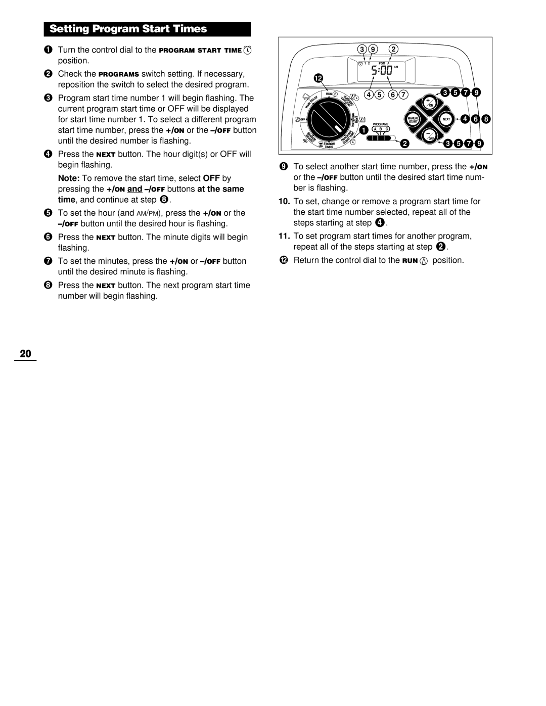 Toro 212 manual Setting Program Start Times, Turn the control dial to the Program Start Time position 