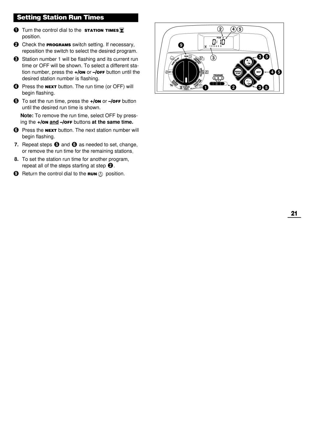 Toro 212 manual Setting Station Run Times, Turn the control dial to the Station Times position 