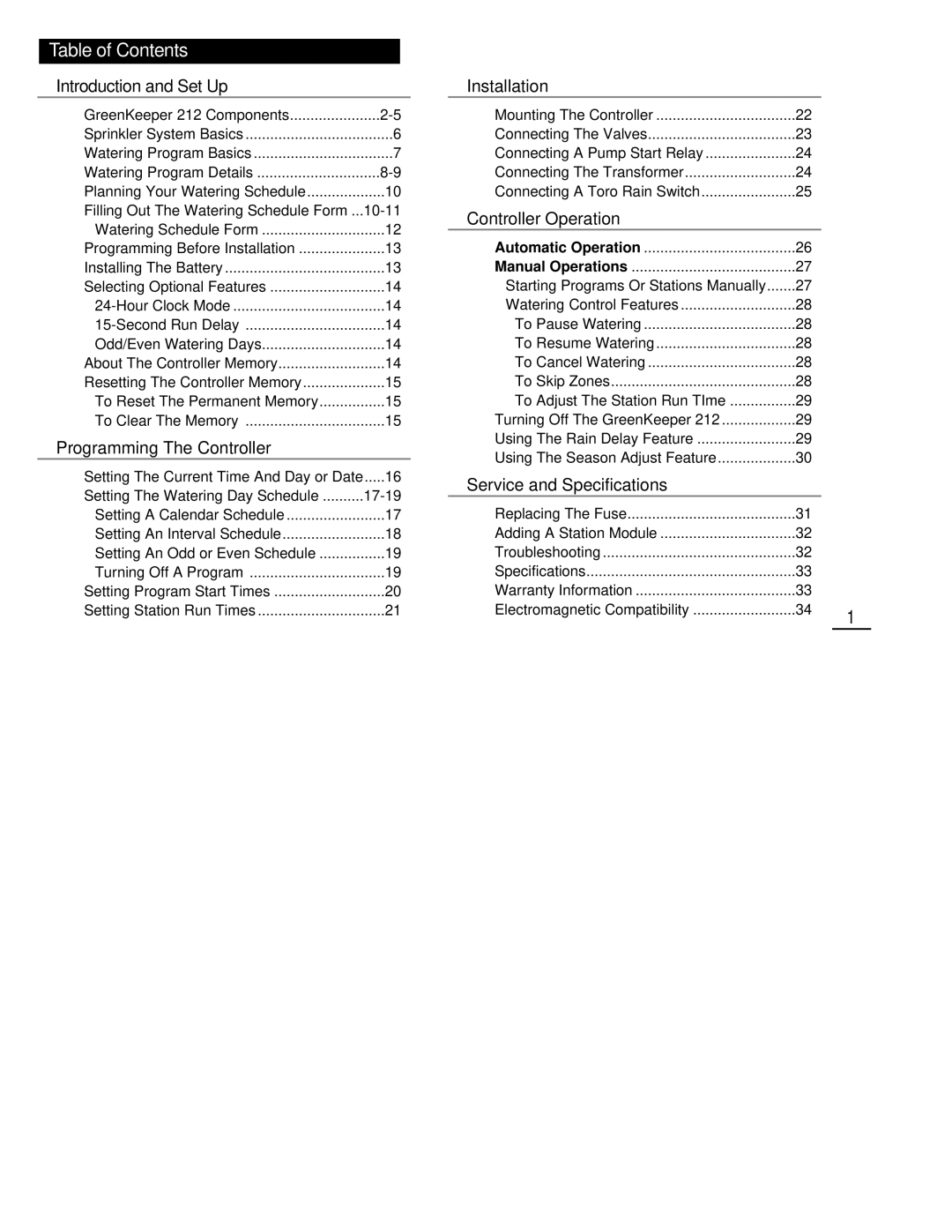 Toro 212 manual Table of Contents 