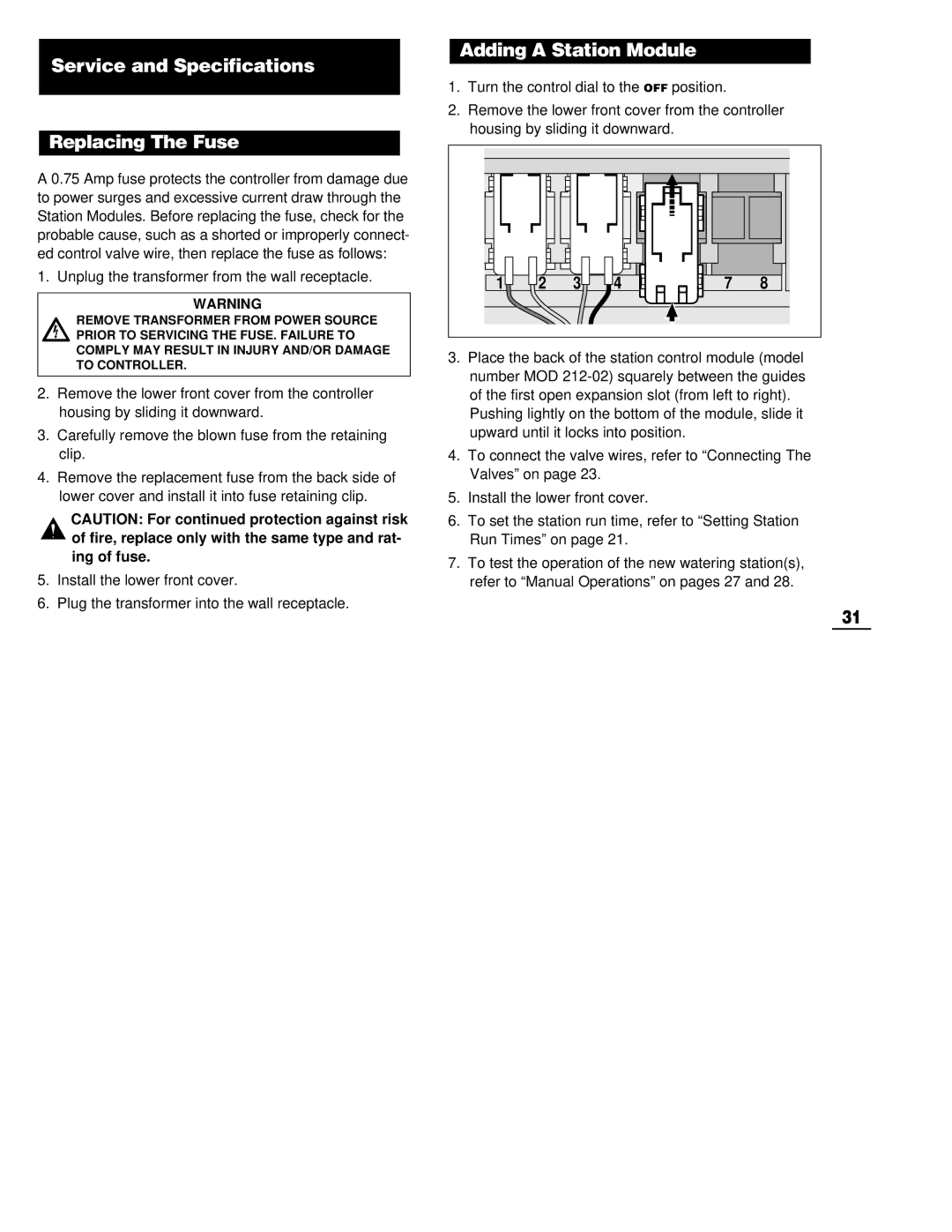 Toro 212 manual Service and Specifications Replacing The Fuse, Adding a Station Module 