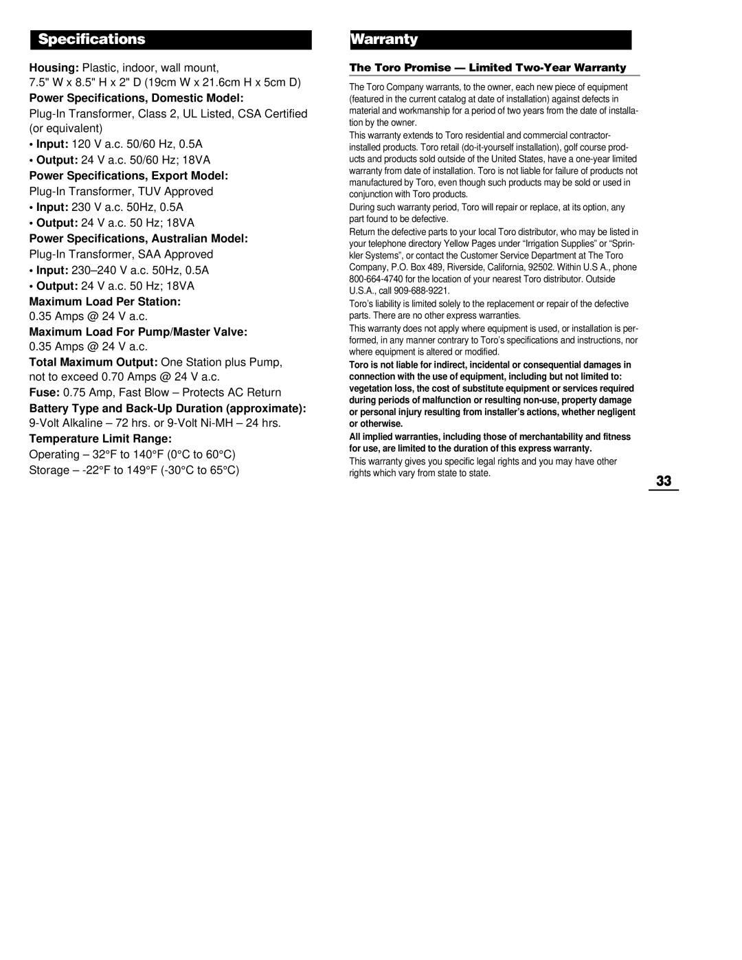 Toro 212 manual Specifications, Warranty 