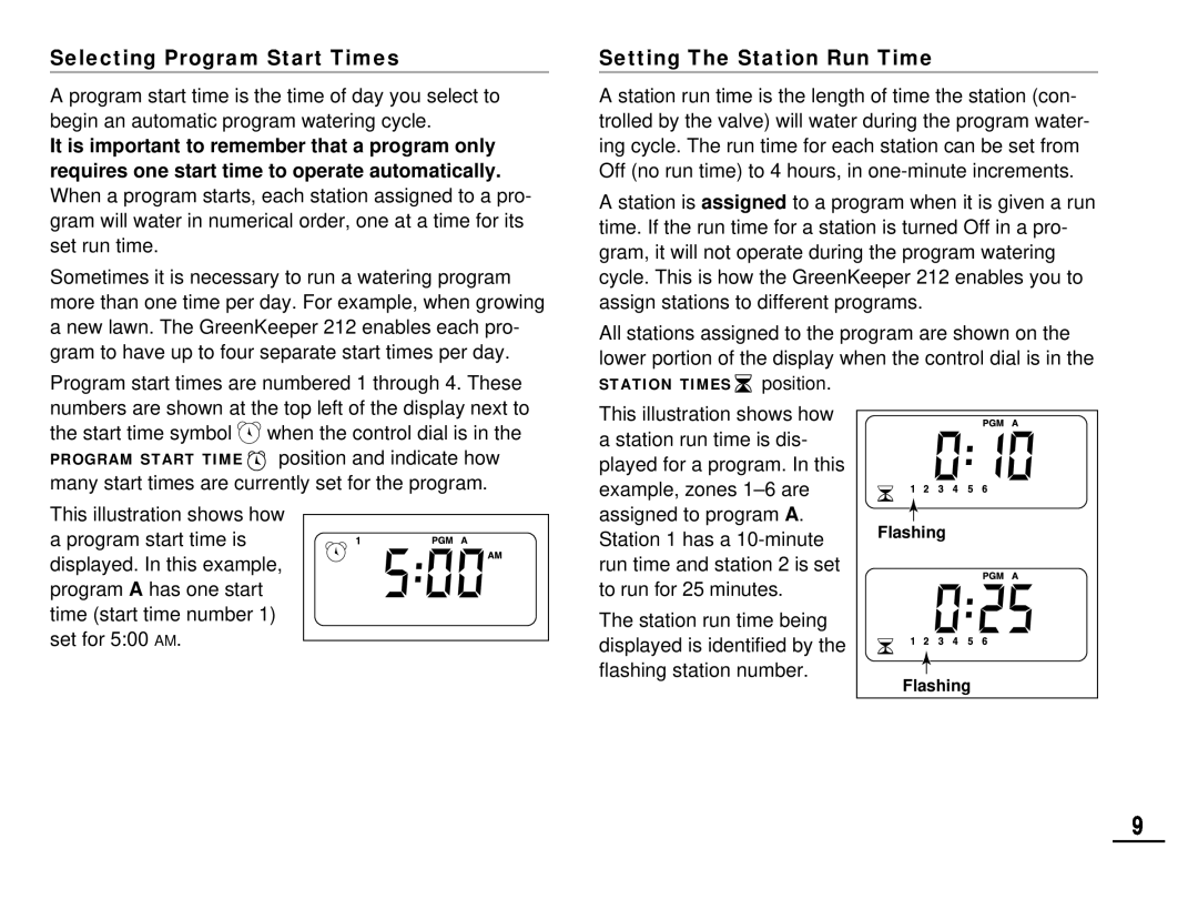 Toro 212 manual Selecting Program Start Times, Setting The Station Run Time, Flashing 