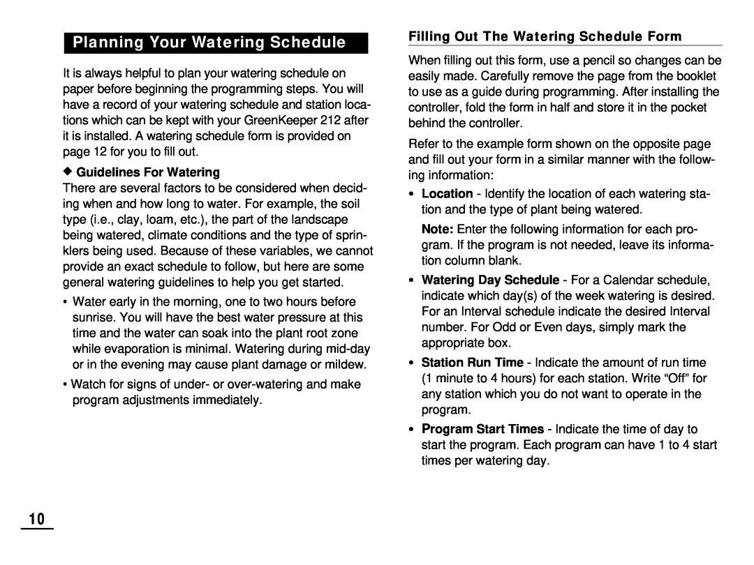 Toro 212 manual Planning Your Watering Schedule, Guidelines For Watering, Filling Out The Watering Schedule Form 