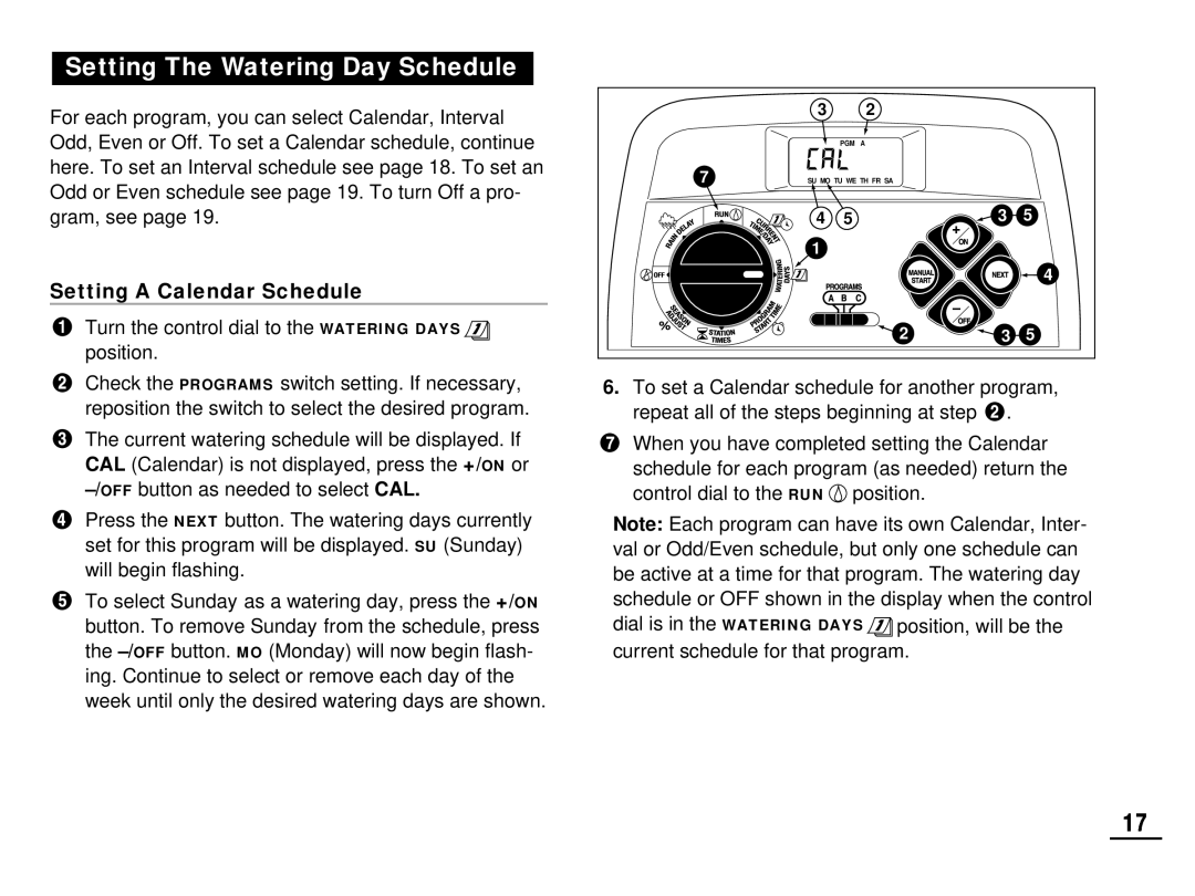 Toro 212 manual Setting The Watering Day Schedule, Setting A Calendar Schedule 