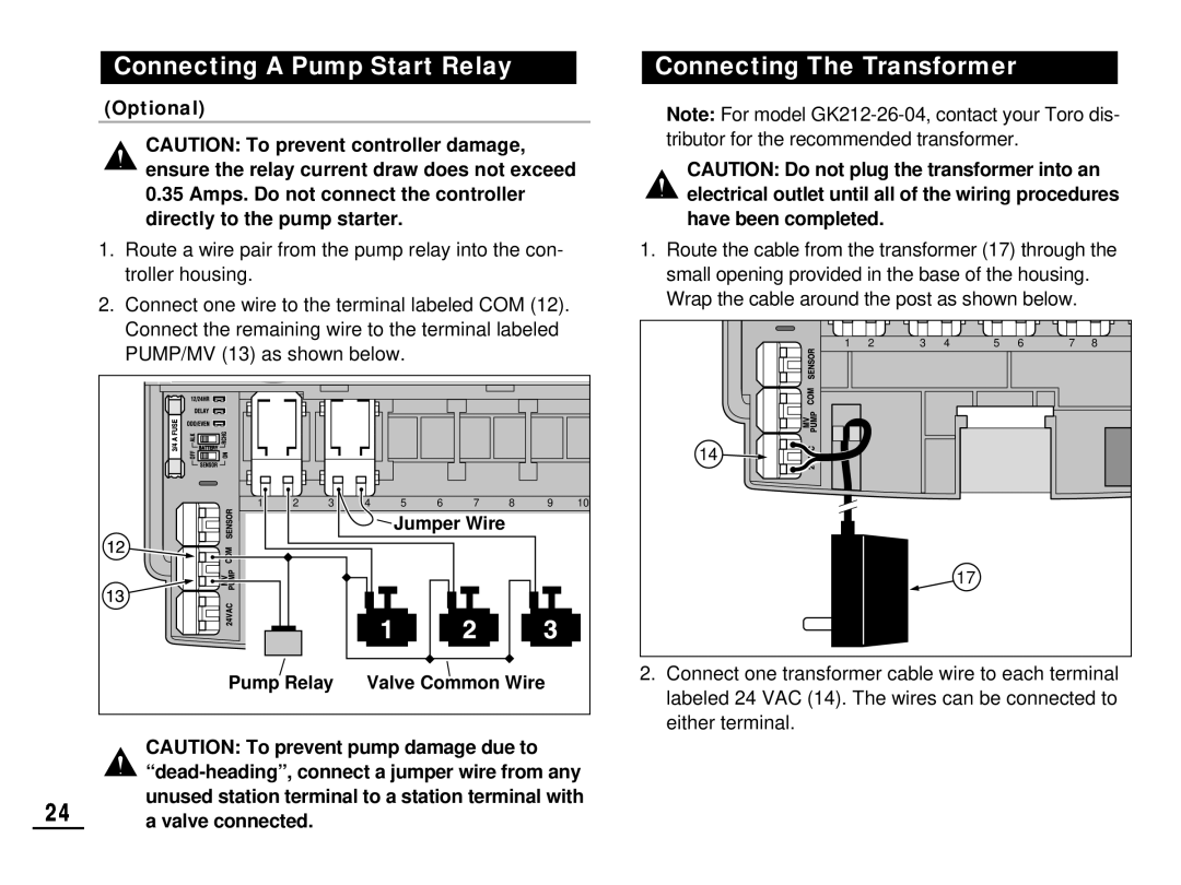 Toro 212 manual Connecting A Pump Start Relay, Connecting The Transformer, Optional, either terminal, 24a valve connected 