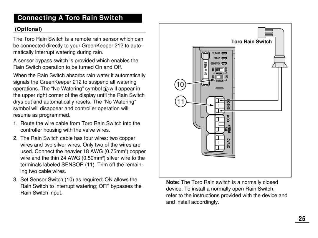 Toro 212 manual Connecting A Toro Rain Switch, Optional 