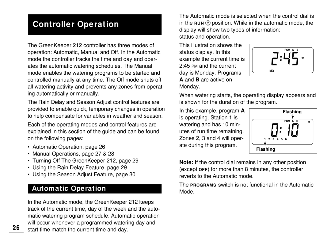 Toro 212 manual Controller Operation, Automatic Operation 