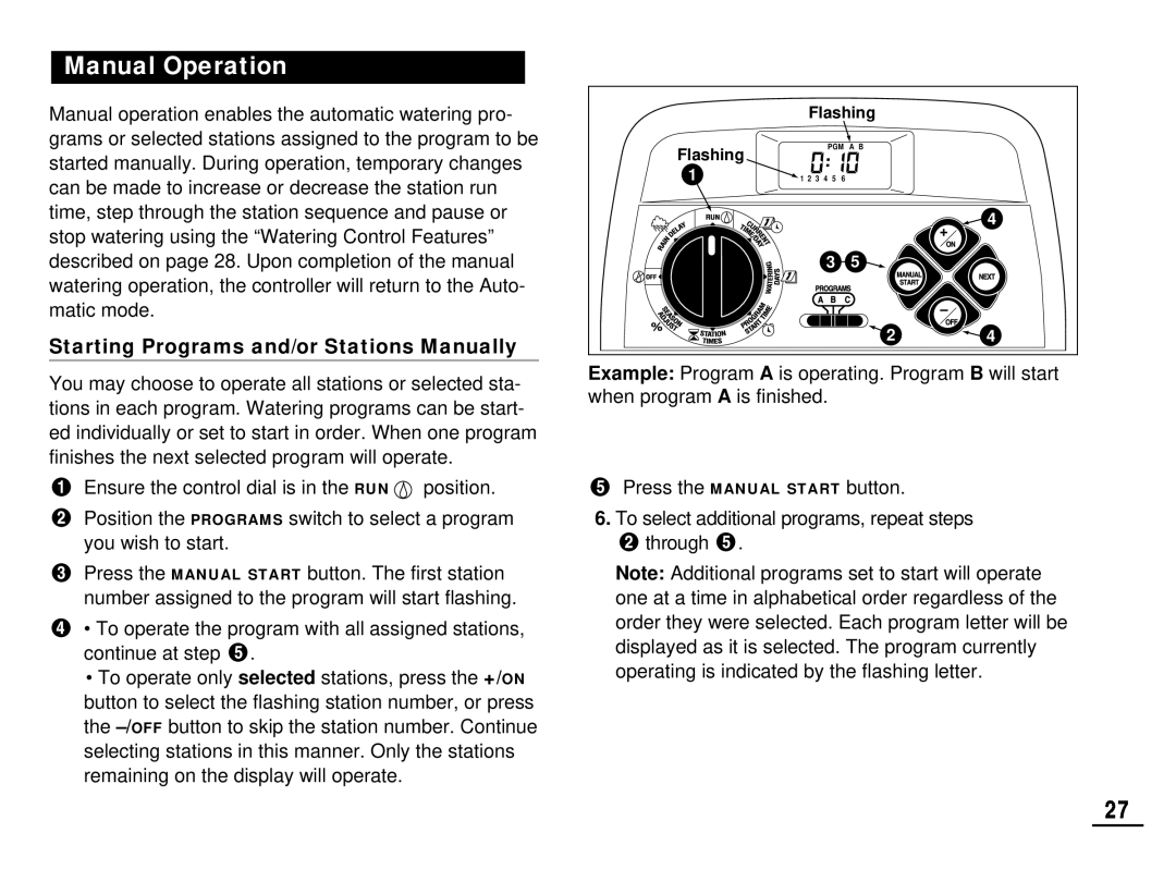 Toro 212 manual Manual Operation, Starting Programs and/or Stations Manually 