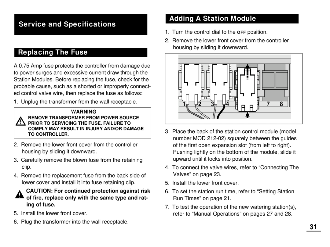 Toro 212 manual Service and Specifications Replacing The Fuse, Adding A Station Module 