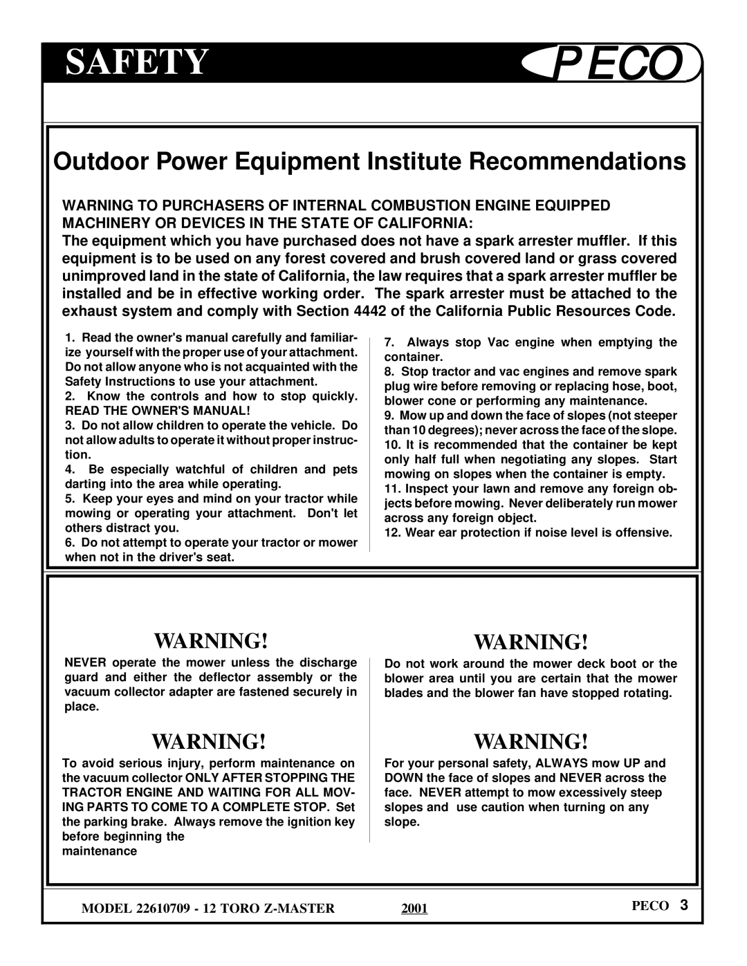 Toro 22610709, 22610712 owner manual Safetypeco, Outdoor Power Equipment Institute Recommendations 