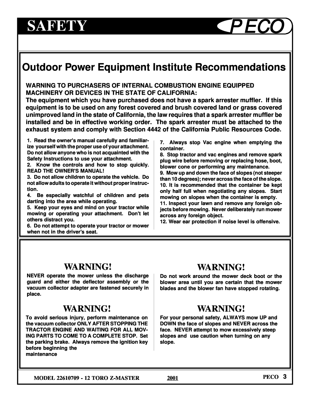 Toro 22610709, 22610712 owner manual Safetypeco, Outdoor Power Equipment Institute Recommendations 