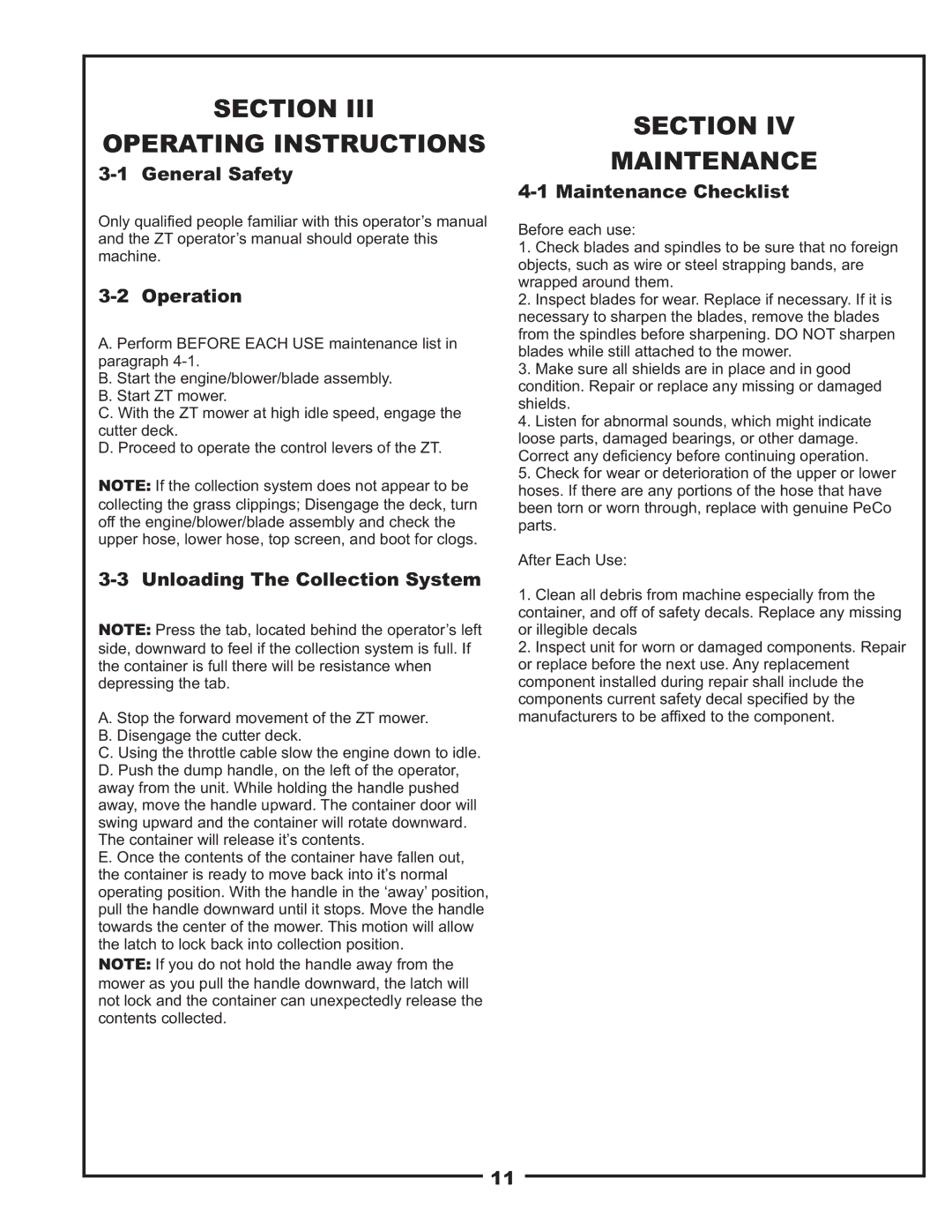 Toro 22621223-24 manual Section Operating Instructions, Section Maintenance 