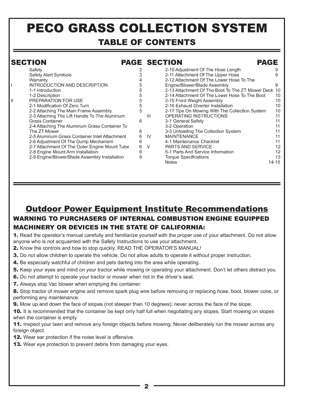 Toro 22621223-24 manual Peco Grass Collection System, Table of Contents 