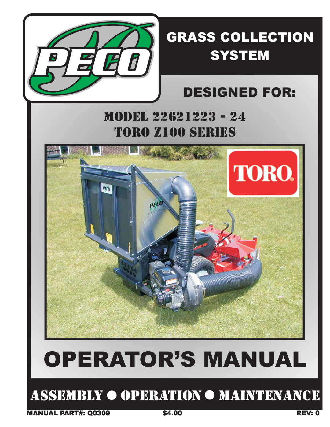 Toro 22621223-24 manual Peco, Operator’S Manual, Assembly Operation Maintenance, Grass Collection, System, Model, $4.00 