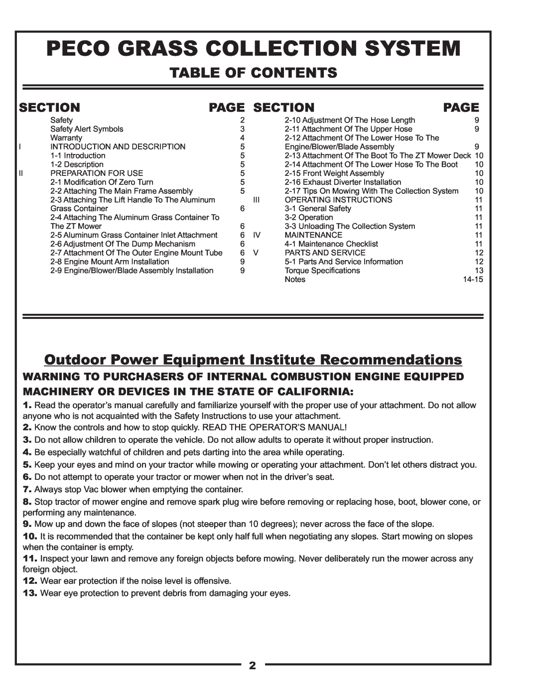 Toro 22621223-24 Table Of Contents, Outdoor Power Equipment Institute Recommendations, Peco Grass Collection System, Page 
