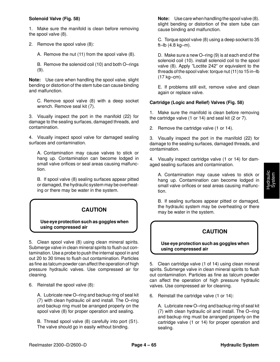 Toro 2600D, 2300-D service manual Solenoid Valve Fig, Cartridge Logic and Relief Valves Fig 