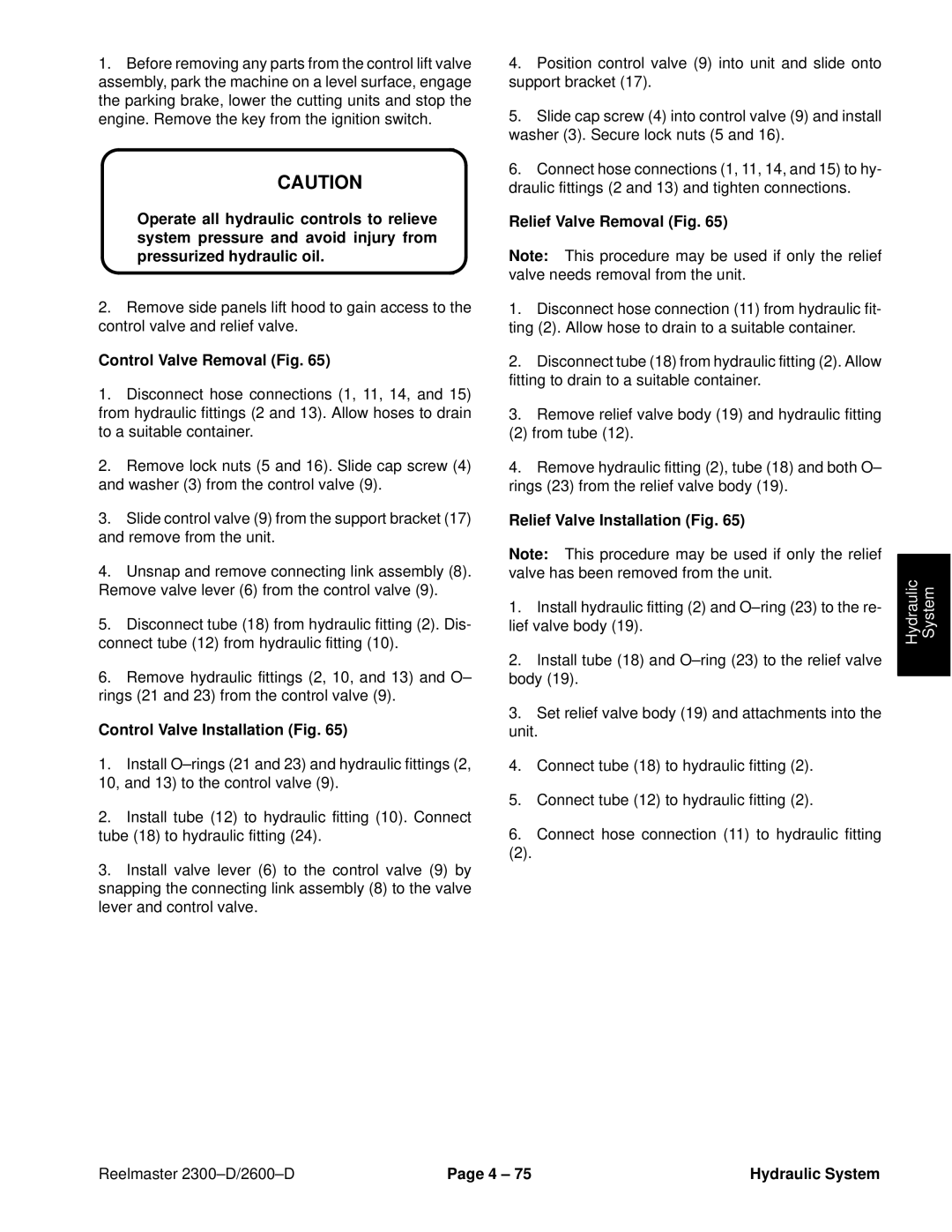 Toro 2600D, 2300-D service manual Control Valve Removal Fig, Control Valve Installation Fig, Relief Valve Removal Fig 