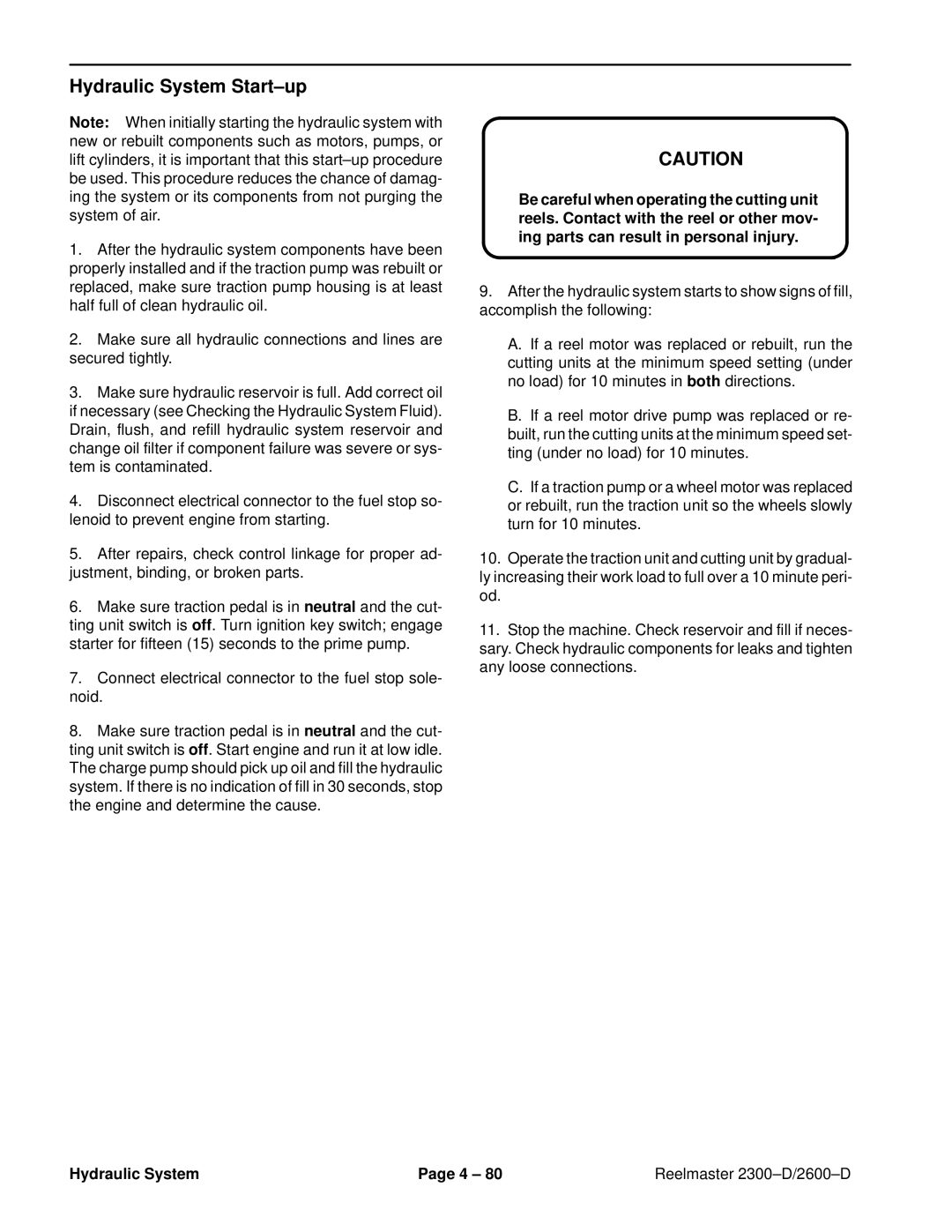 Toro 2300-D, 2600D service manual Hydraulic System Start±up 