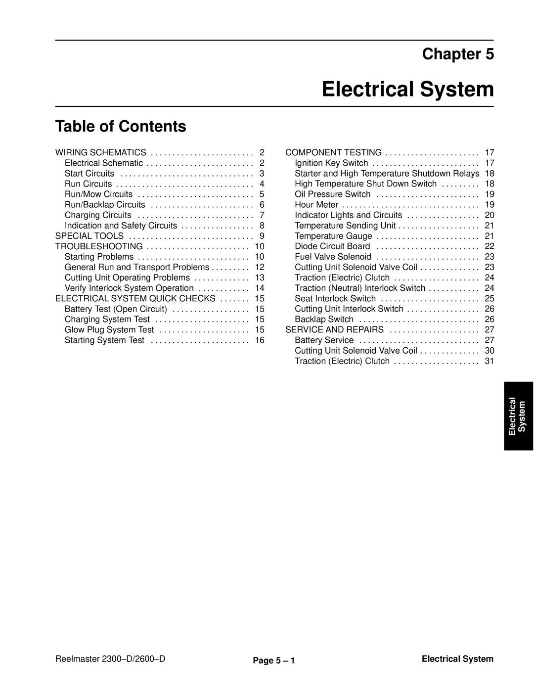 Toro 2600D, 2300-D service manual Reelmaster 2300±D/2600±D 5 ± Electrical System 