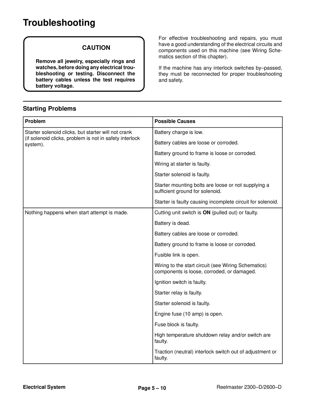 Toro 2300-D, 2600D service manual Starting Problems, Problem Possible Causes, Electrical System 5 ± Reelmaster 2300±D/2600±D 