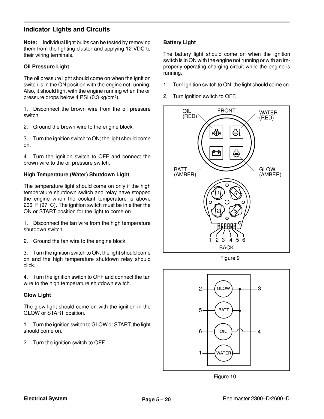 Toro 2300-D, 2600D Indicator Lights and Circuits, Oil Pressure Light, High Temperature Water Shutdown Light, Glow Light 
