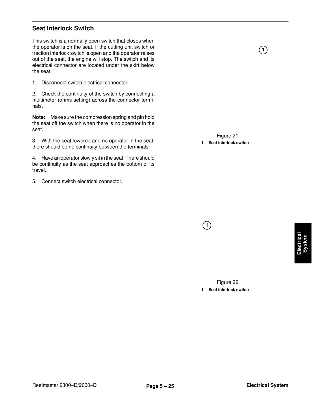 Toro 2600D, 2300-D service manual Seat Interlock Switch 