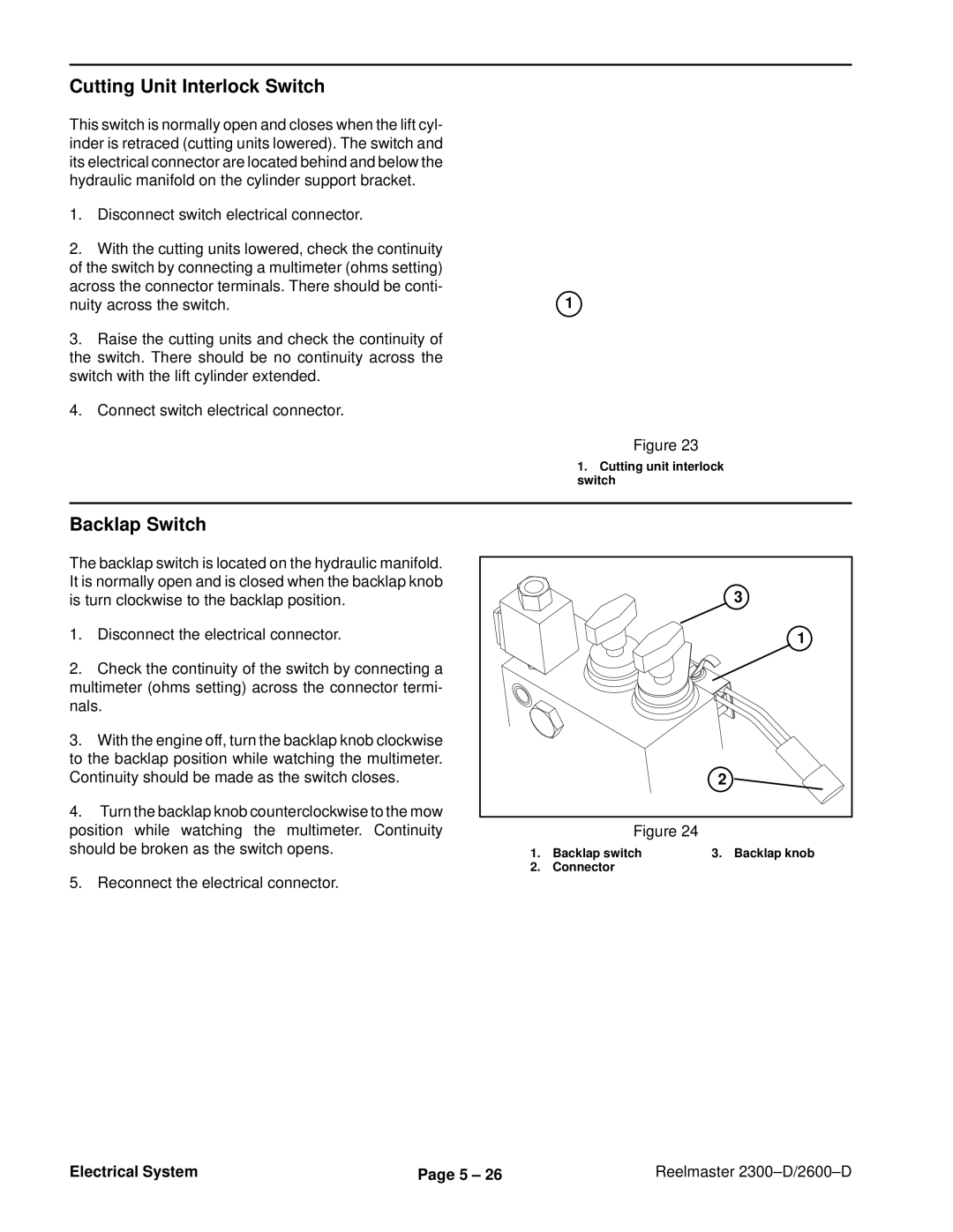 Toro 2300-D, 2600D service manual Cutting Unit Interlock Switch, Backlap Switch 