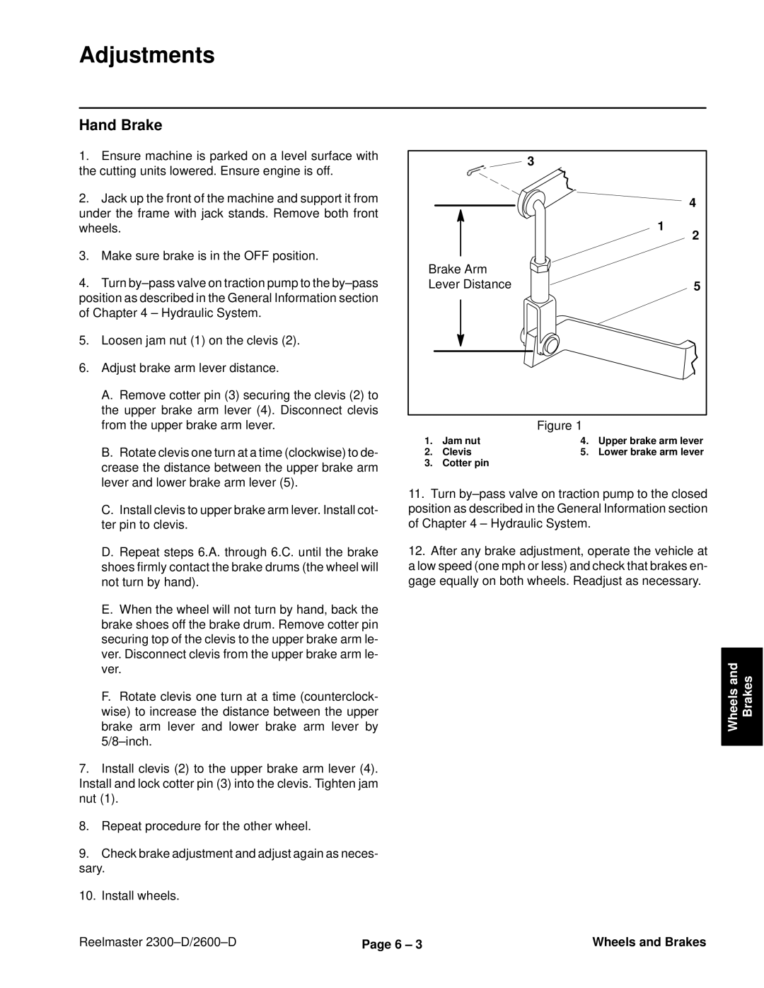 Toro 2600D, 2300-D service manual Hand Brake, Brake Arm Lever Distance 