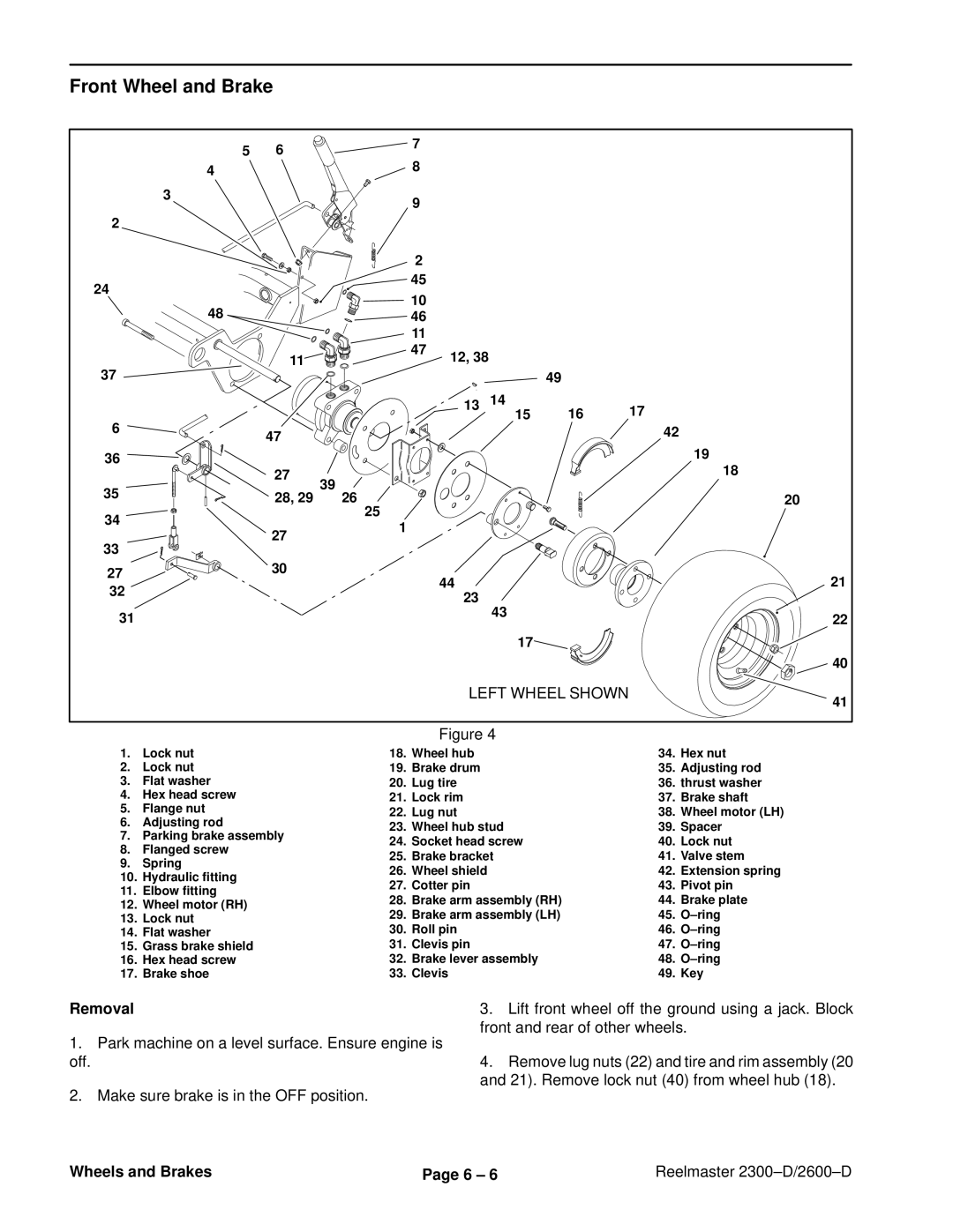 Toro 2300-D, 2600D service manual Front Wheel and Brake, Left Wheel Shown 