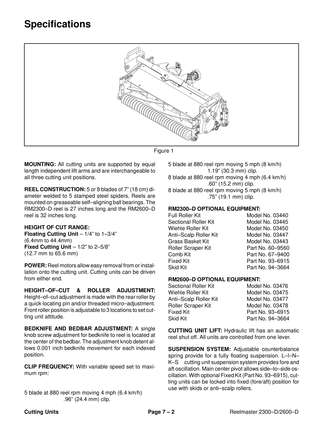 Toro 2300-D, 2600D service manual Specifications, Cutting Units 7 ± Reelmaster 2300±D/2600±D 