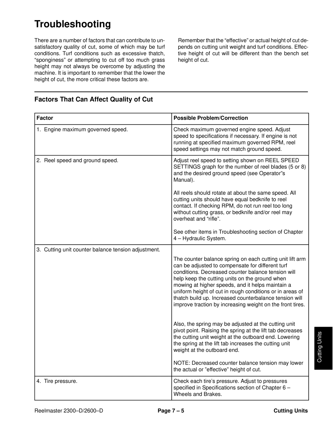 Toro 2600D, 2300-D service manual Factors That Can Affect Quality of Cut, Factor Possible Problem/Correction 