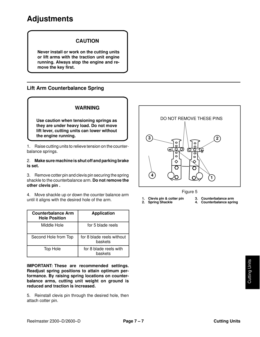 Toro 2600D, 2300-D service manual Lift Arm Counterbalance Spring, Make sure machine is shut off and parking brake is set 