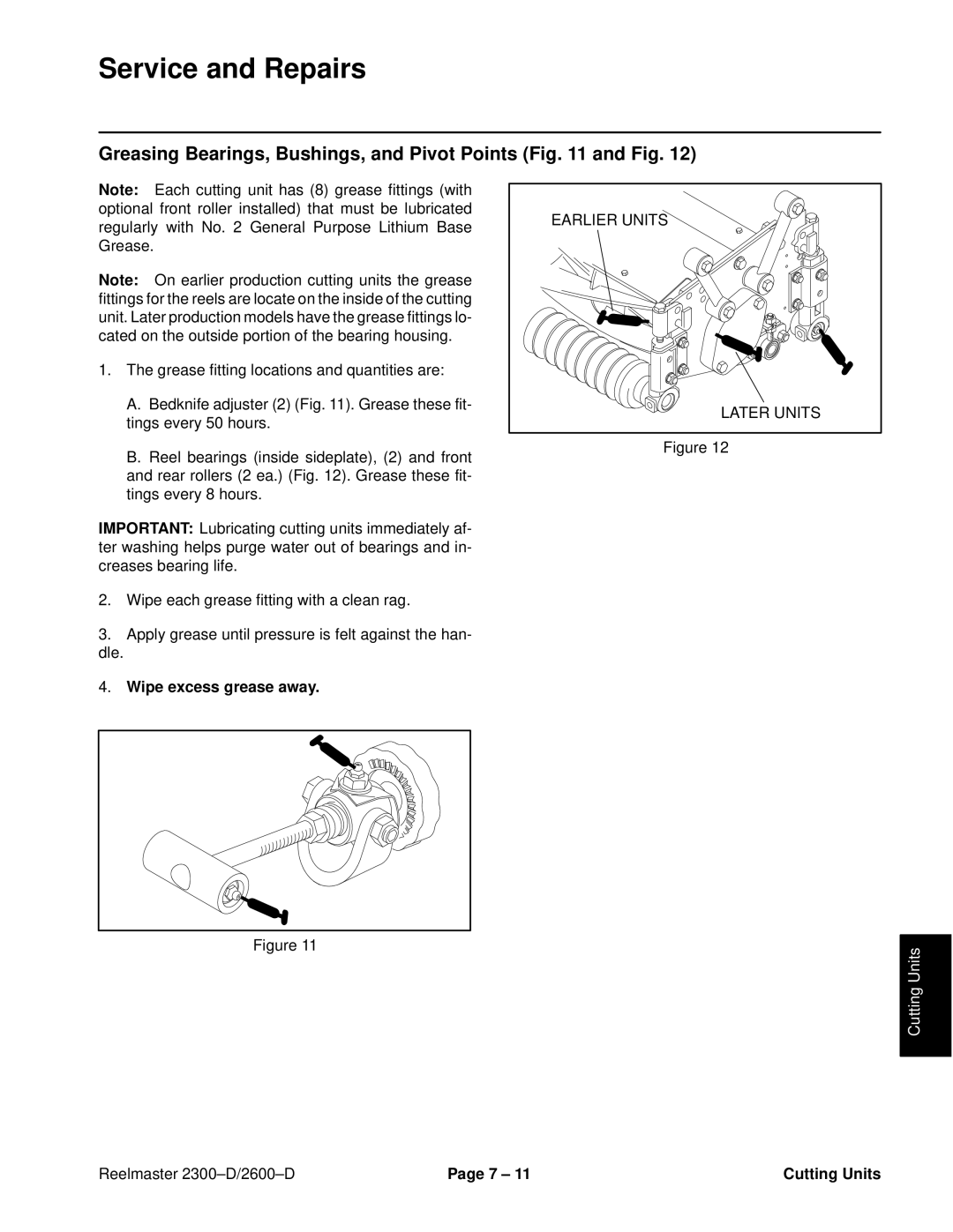 Toro 2600D, 2300-D service manual Greasing Bearings, Bushings, and Pivot Points and Fig, Wipe excess grease away 