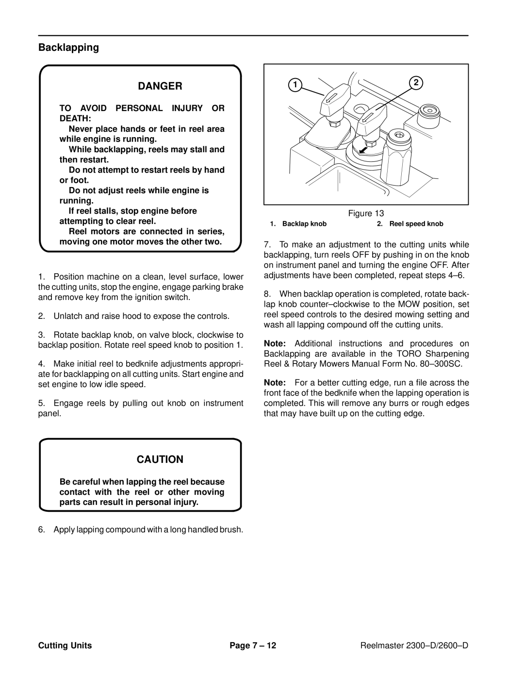 Toro 2300-D, 2600D service manual Backlapping, To Avoid Personal Injury or Death 