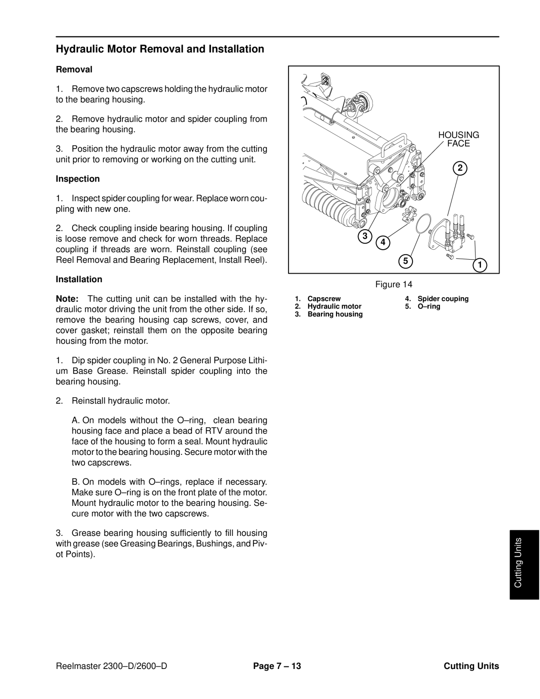 Toro 2600D, 2300-D service manual Hydraulic Motor Removal and Installation, Inspection 