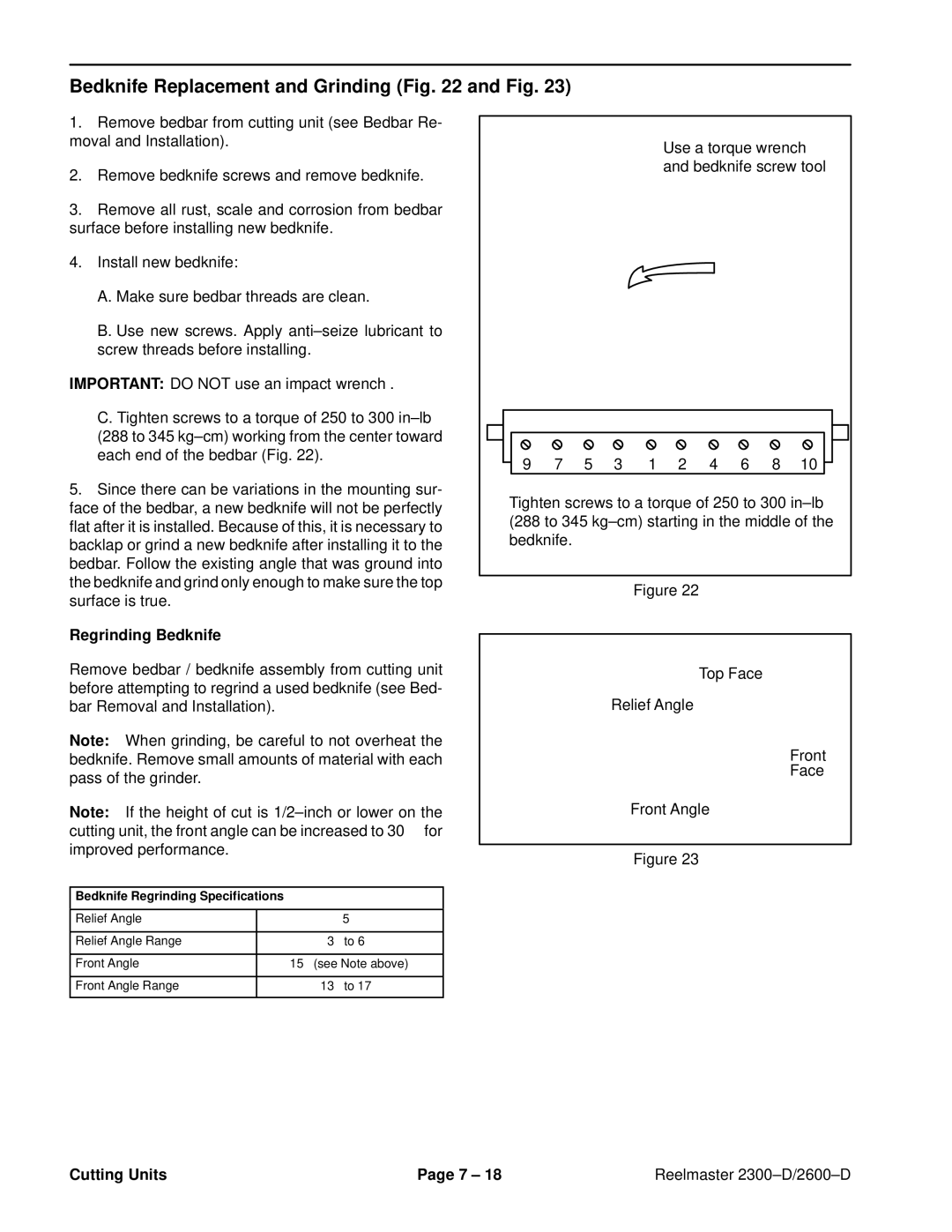 Toro 2300-D, 2600D service manual Bedknife Replacement and Grinding and Fig, Regrinding Bedknife 