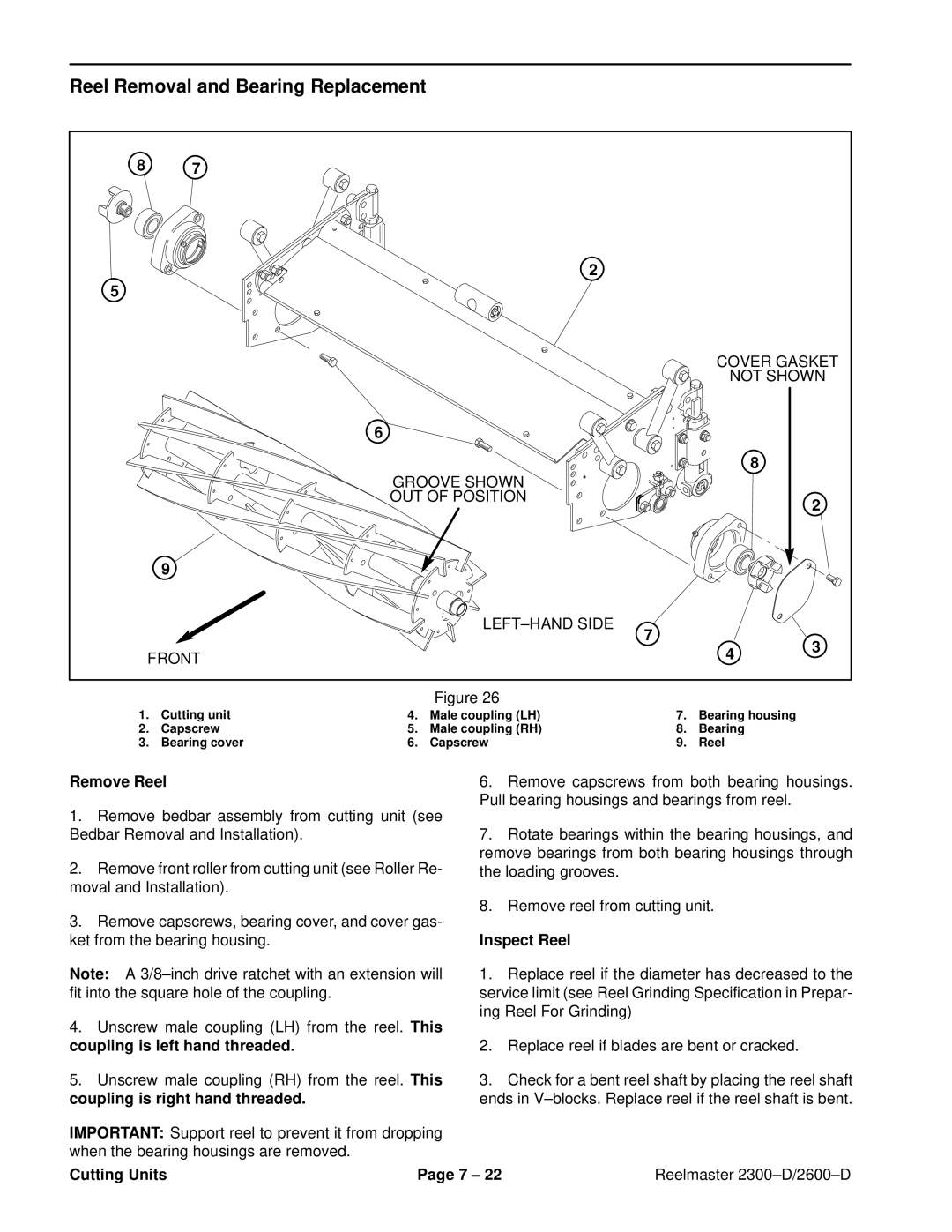 Toro 2300-D, 2600D service manual Reel Removal and Bearing Replacement, Remove Reel, Inspect Reel 