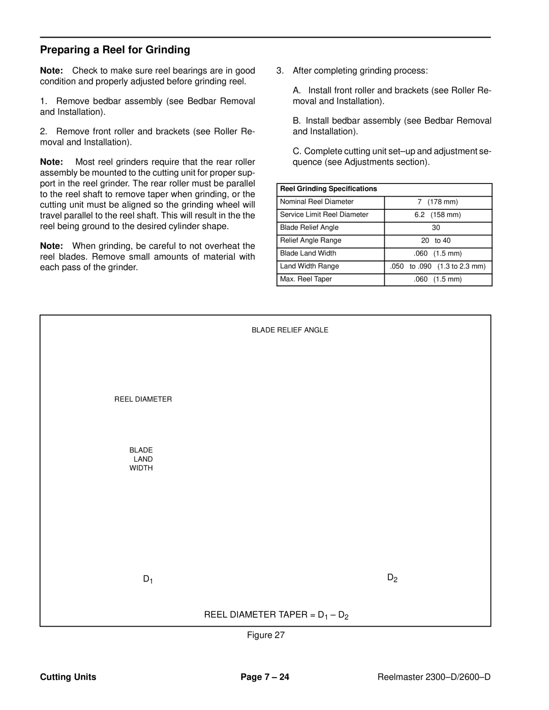 Toro 2300-D, 2600D service manual Preparing a Reel for Grinding, Reel Grinding Specifications 