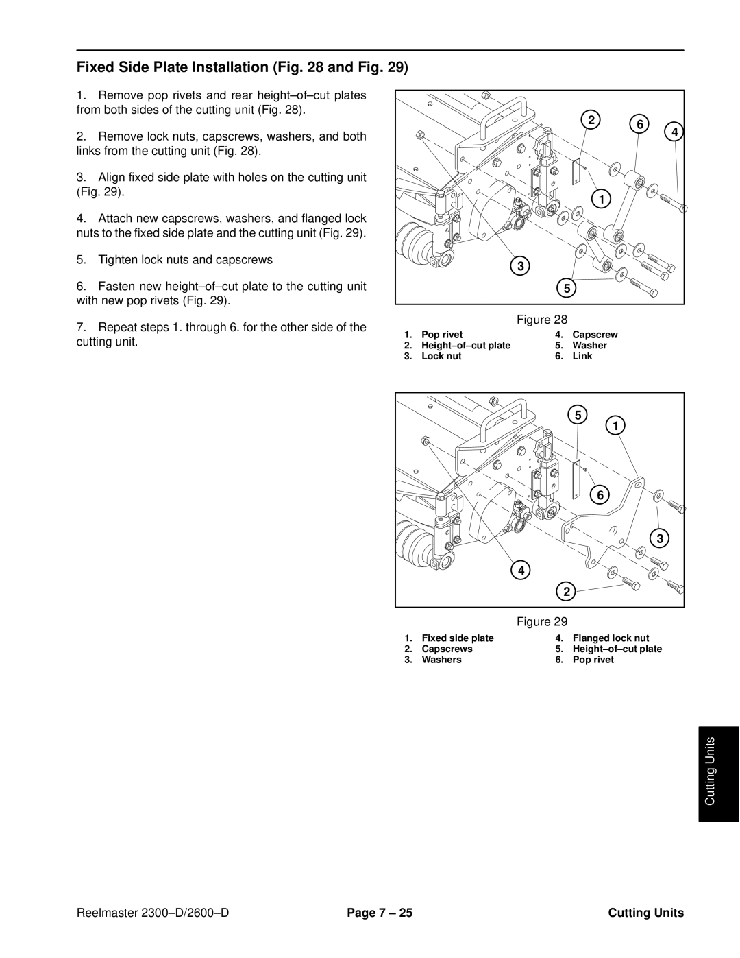 Toro 2600D, 2300-D service manual Fixed Side Plate Installation and Fig 