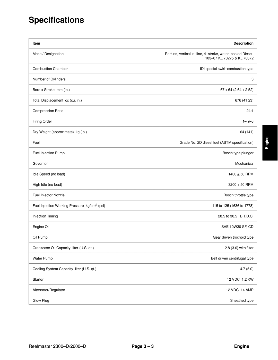 Toro 2600D, 2300-D service manual Specifications, Description 