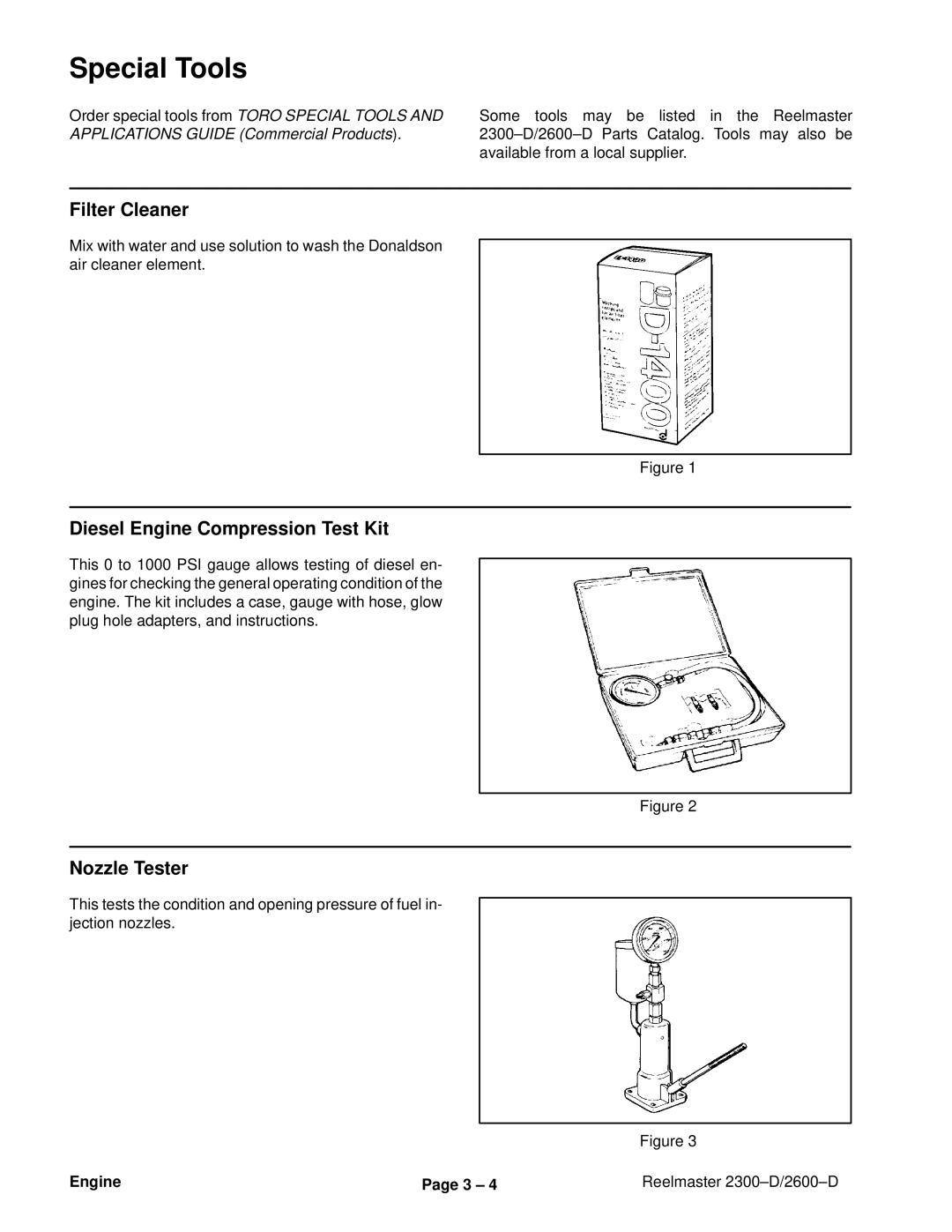 Toro 2300-D, 2600D service manual Special Tools, Filter Cleaner, Diesel Engine Compression Test Kit, Nozzle Tester 