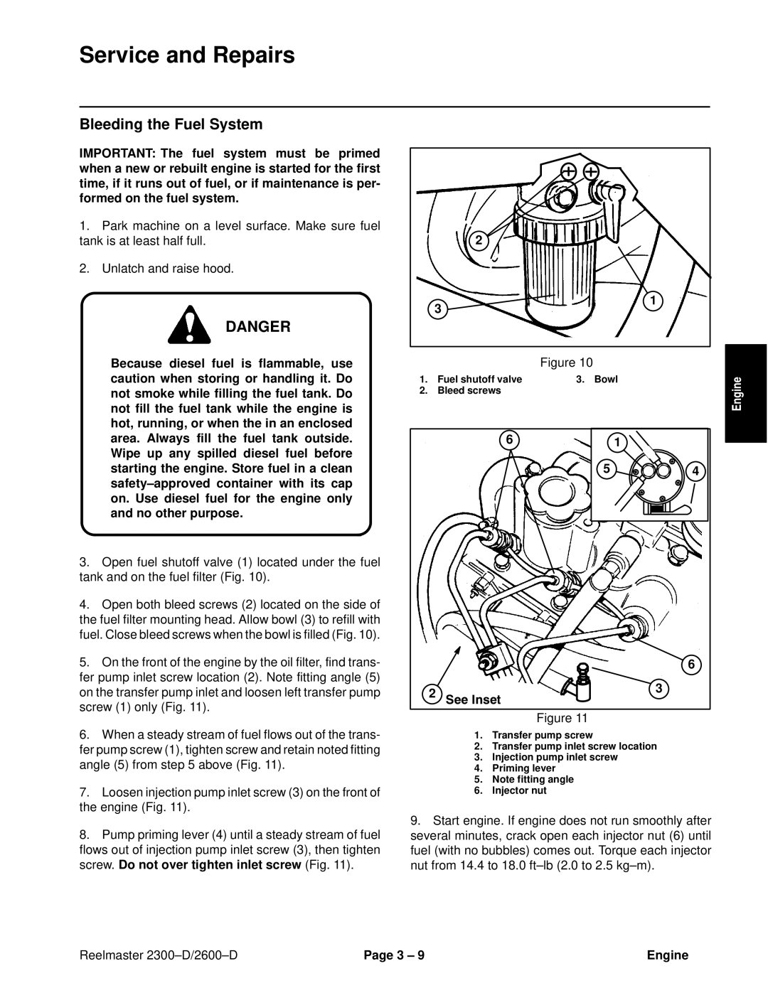 Toro 2600D, 2300-D service manual Service and Repairs, Bleeding the Fuel System 