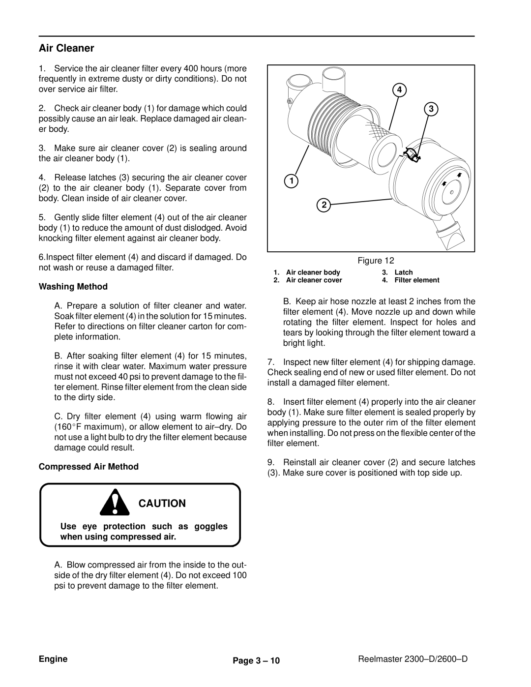 Toro 2300-D, 2600D service manual Air Cleaner, Washing Method 