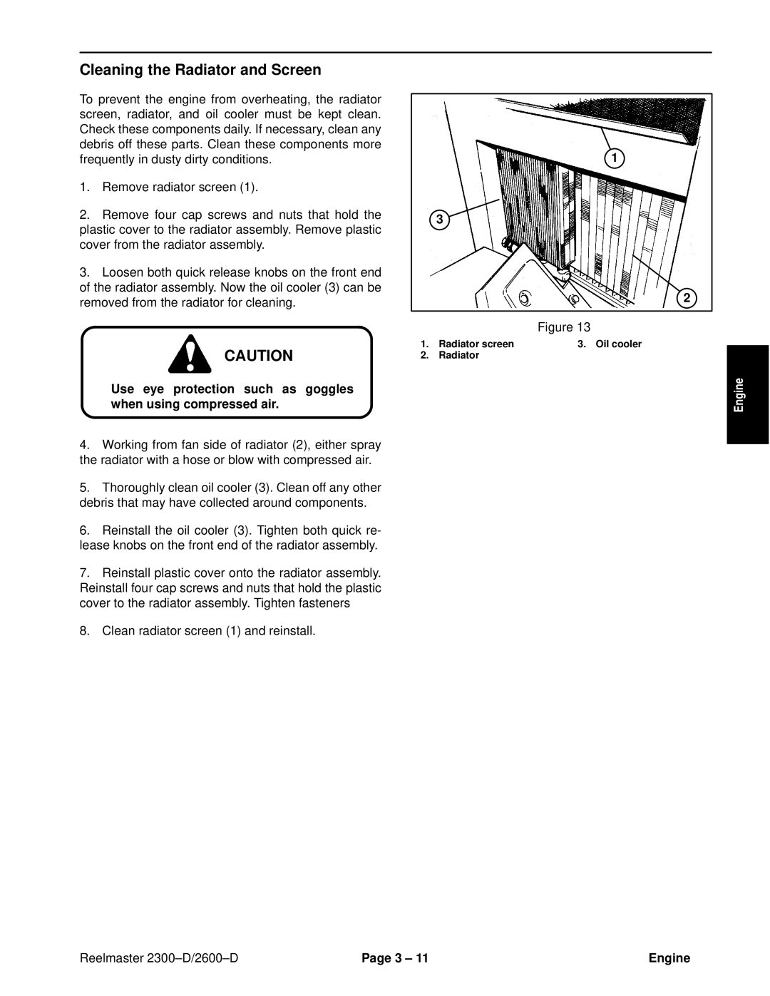 Toro 2600D, 2300-D service manual Cleaning the Radiator and Screen 