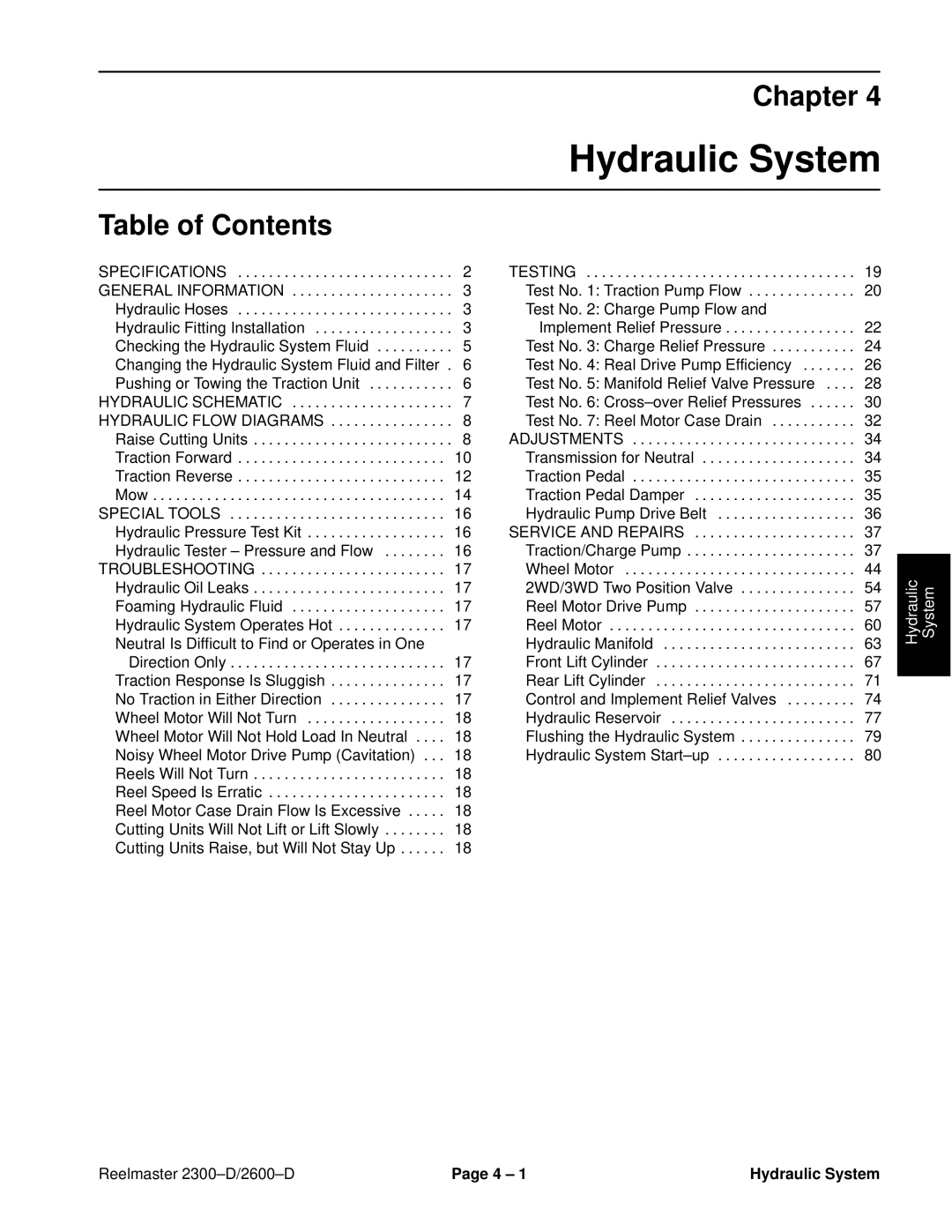 Toro 2600D, 2300-D service manual Reelmaster 2300±D/2600±D 4 ± Hydraulic System 